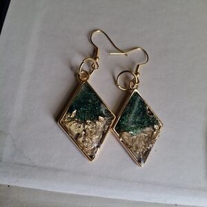 Gold-Trim Emerald Green Glitter Drop Earrings